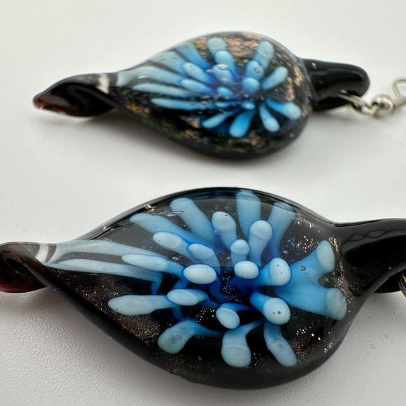 Artisan Lampwork Glass Teardrop Floral Dangle Earrings Black Blue Gold 2" - Picture 11 of 12